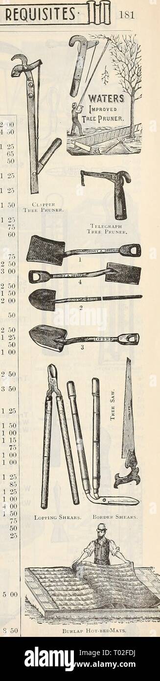 Dreer's Garten Kalender: 1900. dreersgardencale 1900 henr Jahr: 1900 Root Fräser $ 12 00 rustikale Stühle, $ 3,00;. Sofas 4 50 Sägen, Pinning, 14 in., 65 cts., 16 in., 75 cts.; 18., 90 cts., 20 in., § 1.10; 24 in.. 1 25' I. iglitning, Double edge 65 Schere. Blüte und Frucht Zöllner.-^, 25 und 'Trauben ausdünnen, importierte, 6 in., 90 cts.; 7., $ 1,00; 8 in 1' Blume - Sammeln, importierte, kleine, 90 cts.; Medium, $ 1,00; große.. "Bogen, Beschneiden, 4 in., 75 cts.; 5., $ 1,00; 6 in., $ 1,25; 7 in 1 Sensen. Englischer Rasen, genietet, zurück, 30 und 34 in., SI. 00; 36 in., | 1,15; 38 in 'American, am besten von St Stockfoto