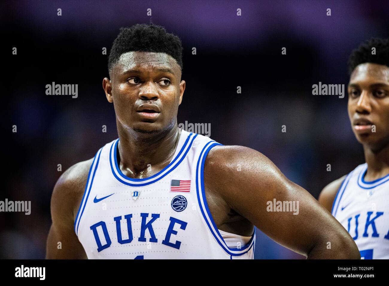 Duke Blue Devils vorwärts Zion Williamson (1) Während der ACC College Basketball Turnier Spiel zwischen den Syracuse Orange und die Duke Blue Devils im Spectrum Center am Donnerstag, den 14. März 2019 in Charlotte, NC. Jakob Kupferman/CSM Stockfoto