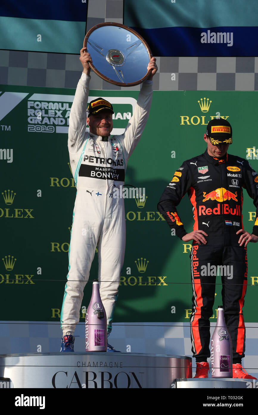 &#Xa9; Foto 4/LaPresse 17/03/2019 Melbourne, Australien Sport Formel 1 Grand Prix von Australien 2019 In der Pic: Podium, Sieger Valtteri Bottas (FIN) Mercedes AMG W 1 W 10 EQ-Power Stockfoto