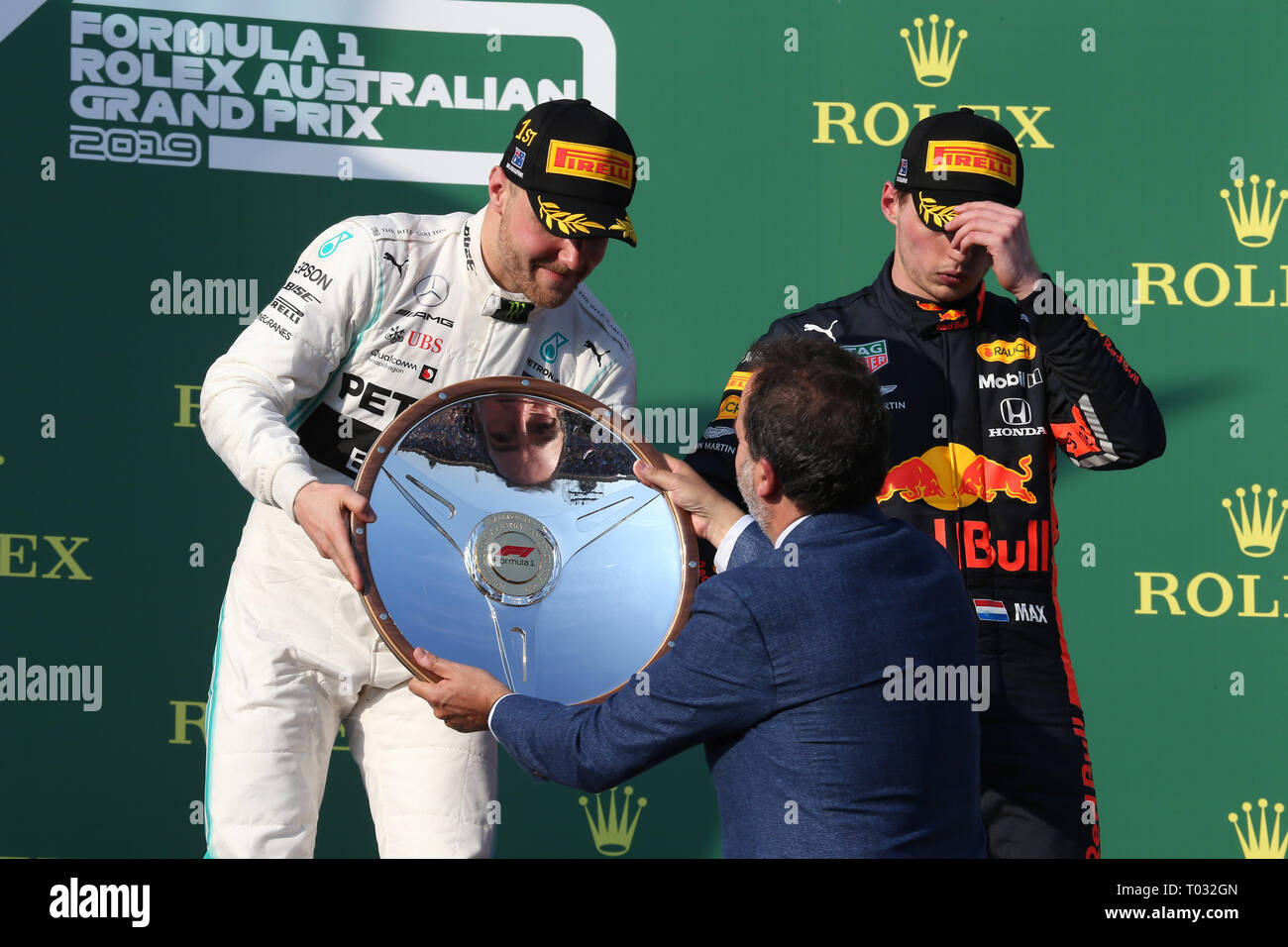 &#Xa9; Foto 4/LaPresse 17/03/2019 Melbourne, Australien Sport Formel 1 Grand Prix von Australien 2019 In der Pic: Podium, Sieger Valtteri Bottas (FIN) Mercedes AMG W 1 W 10 EQ-Power Stockfoto