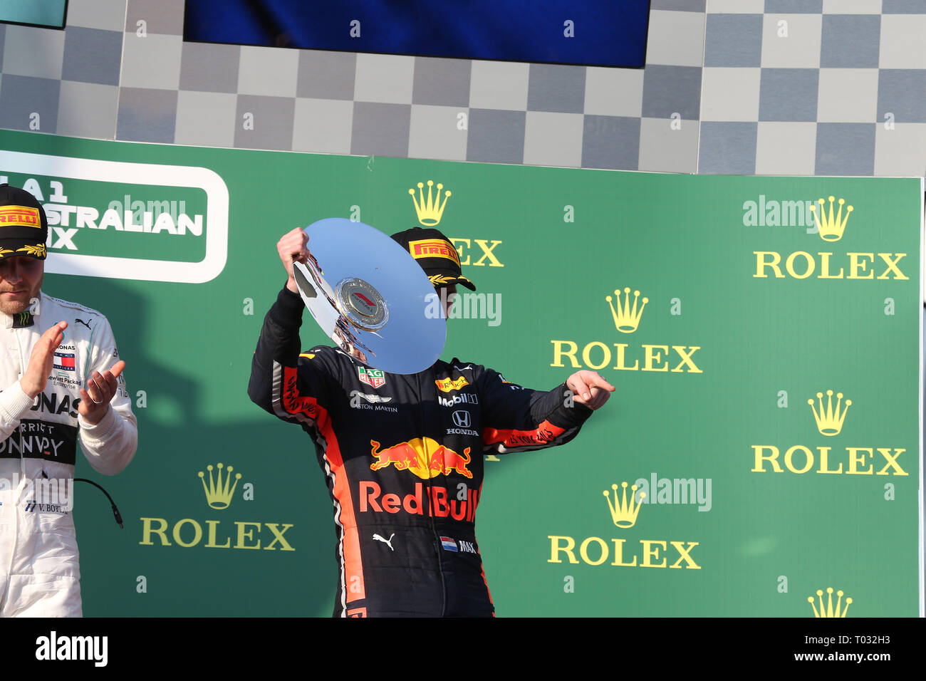 &#Xa9; Foto 4/LaPresse 17/03/2019 Melbourne, Australien Sport Formel 1 Grand Prix von Australien 2019 In der Pic: Podium, Platz 3 Max Verstappen (NED) Red Bull Racing RB 15. Stockfoto