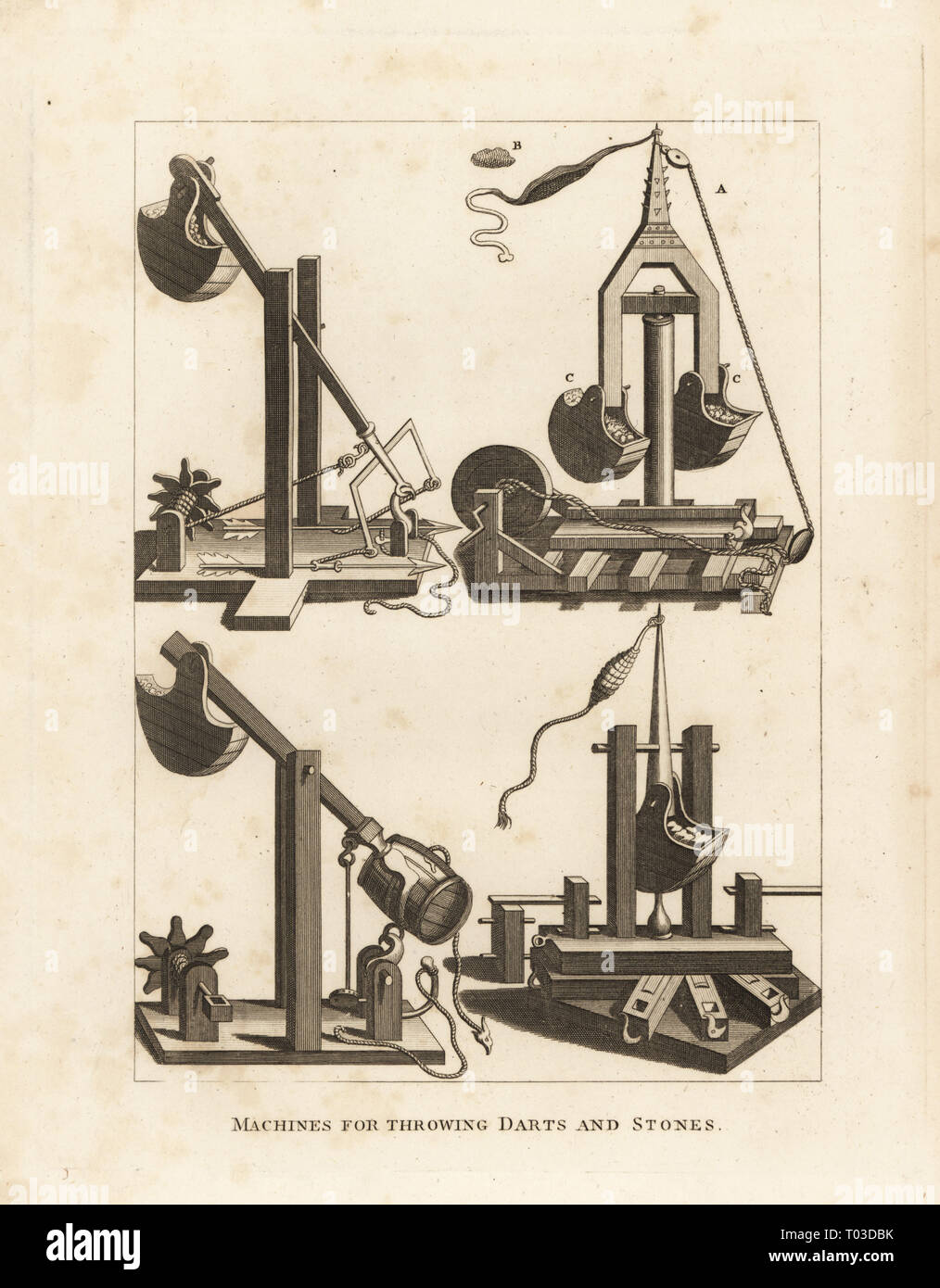 Gegengewicht Maschinen für das Werfen der Darts und Steine von lipsius und andere. Ein Doppelbett, dass Brände ein Stein von der Schleuder. Kupferstich von militärischen Francis Grose Antiquitäten Achtung einer Geschichte der englischen Armee, Stockdale, London, 1812. Stockfoto
