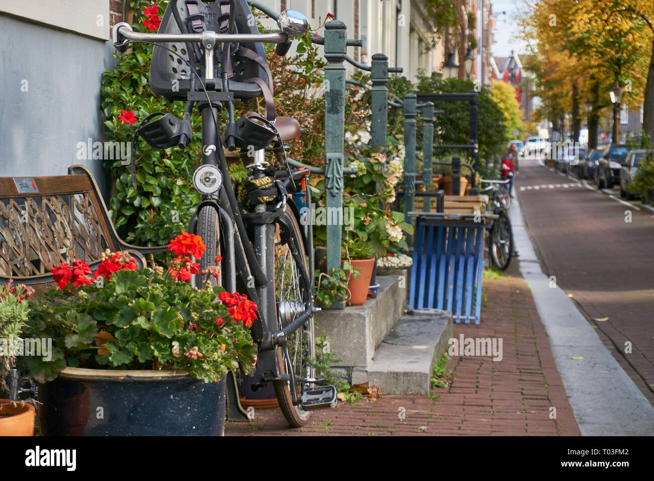 Retro Fahrrad und Blumen auf einer Straße in Amsterdam Stockfoto