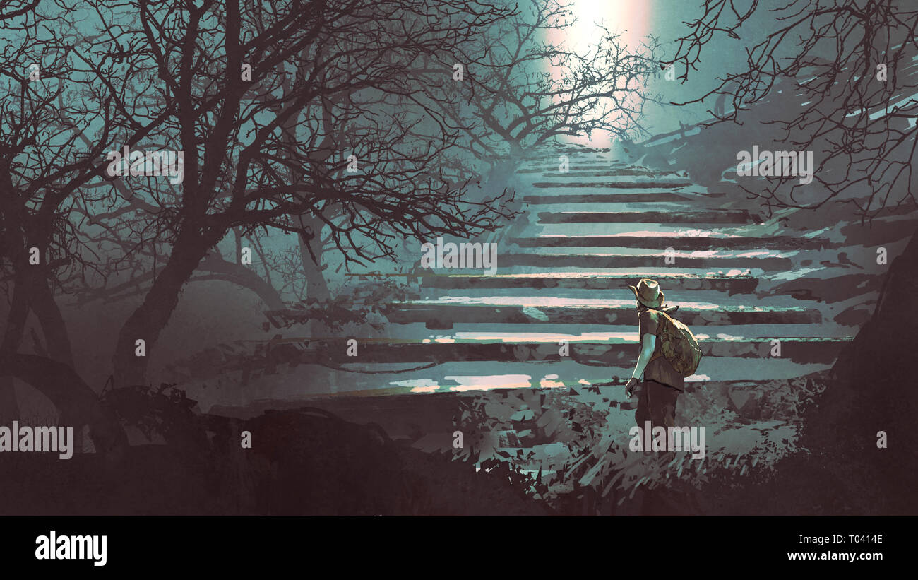 Man Klettern steinerne Treppen in den geheimnisvollen Wald, digital art Stil, Illustration Malerei Stockfoto