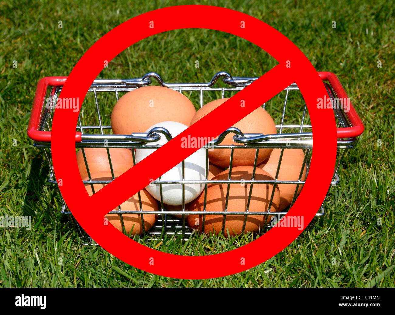 Huhn Eier in einem Warenkorb auf dem Gras mit einem kein Eintrag Zeichen im Vordergrund, UK. Stockfoto