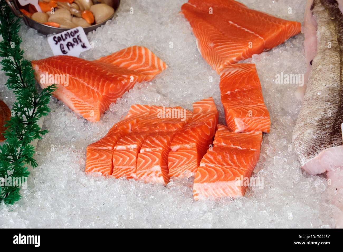 Frisches Lachsfilet zum Verkauf auf dem Markt Stockfoto