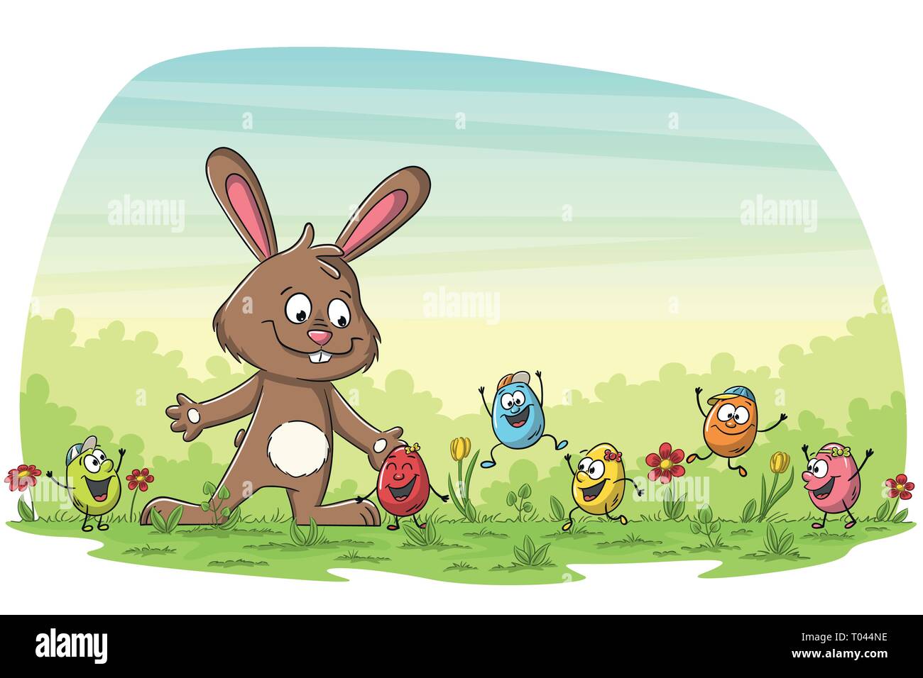 Cartoon frohe Ostern greating Karte mit Hasen und Eier. Stock Vektor