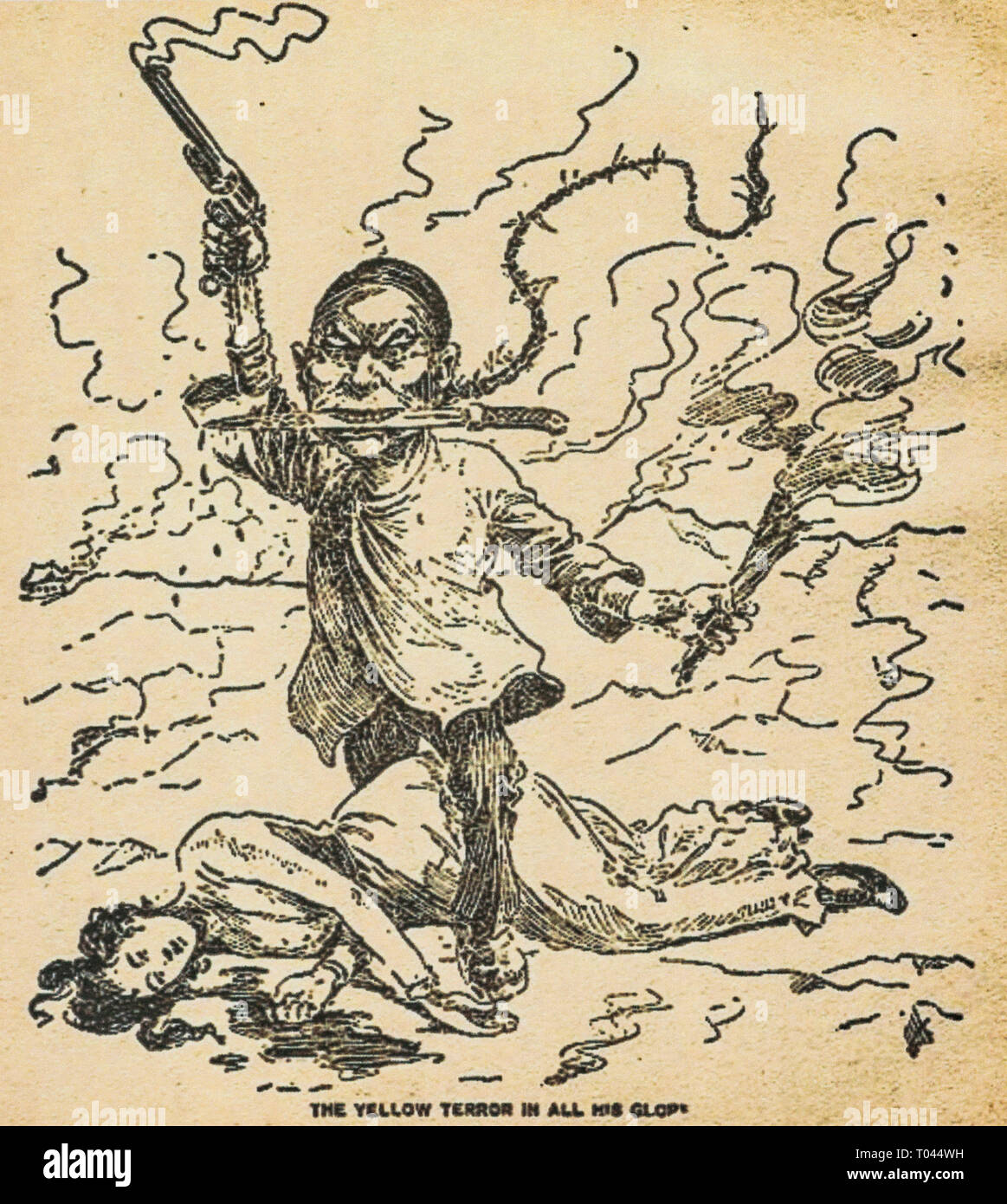 Karikatur der Gelben Gefahr", den gelben Terror in all seiner Herrlichkeit", 1899, Privatsammlung. Tracht Chinesischer Mann zertreten weiße Frau. Stockfoto