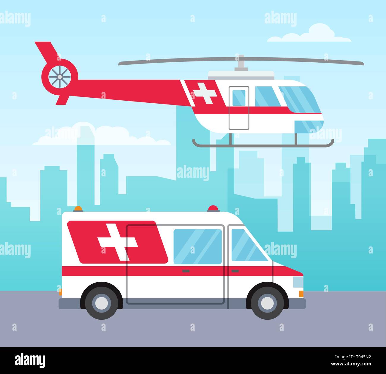 Weiß und Rot ambulance Hubschrauber und Auto, Medizinische dienste Konzept, Verkehr, Vektor, Abbildung Stock Vektor