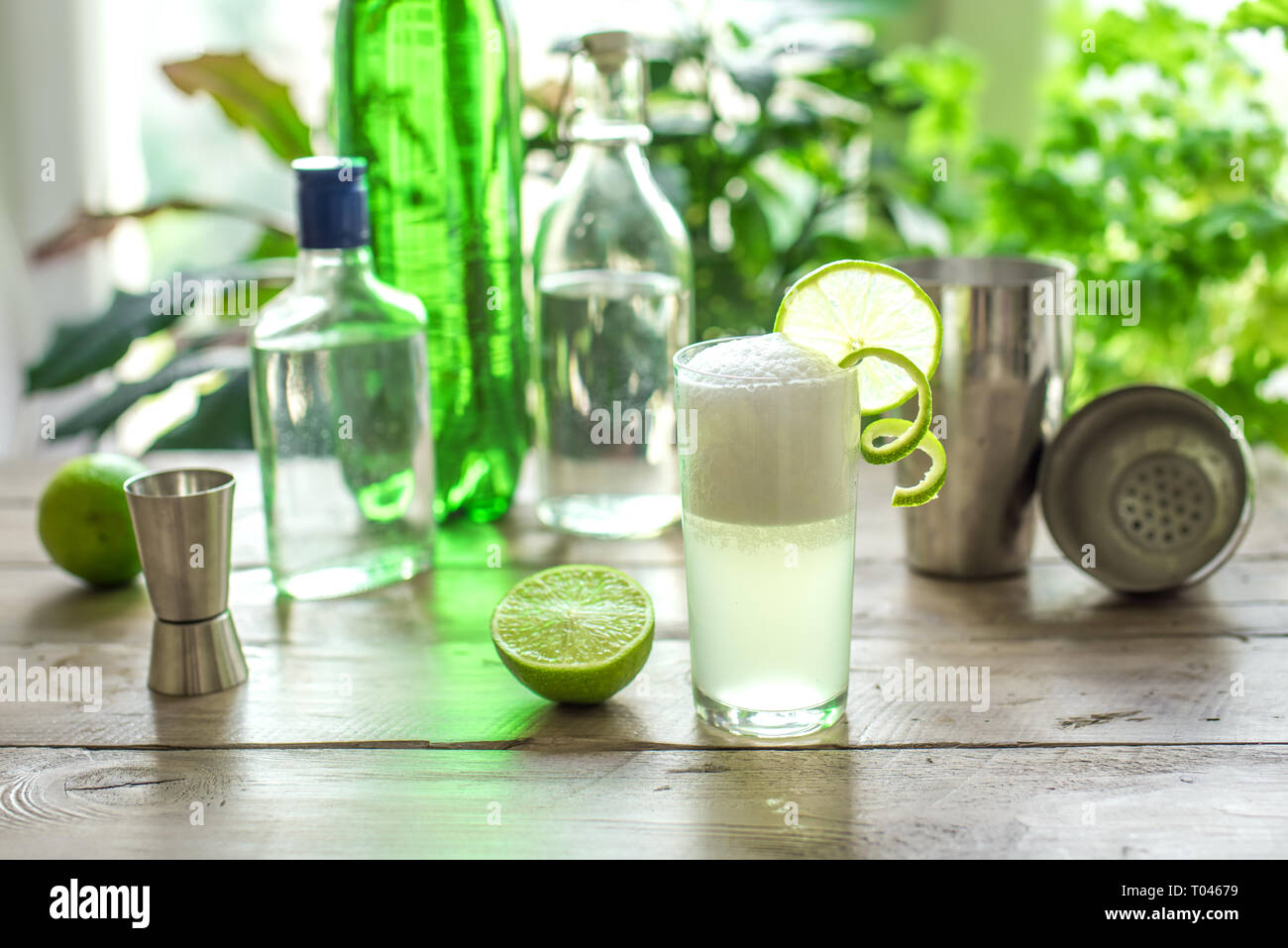 Ei Gin Fizz Cocktail mit Limetten garnieren. Die Gin Fizz Drink mit Zutaten und Bar. Stockfoto