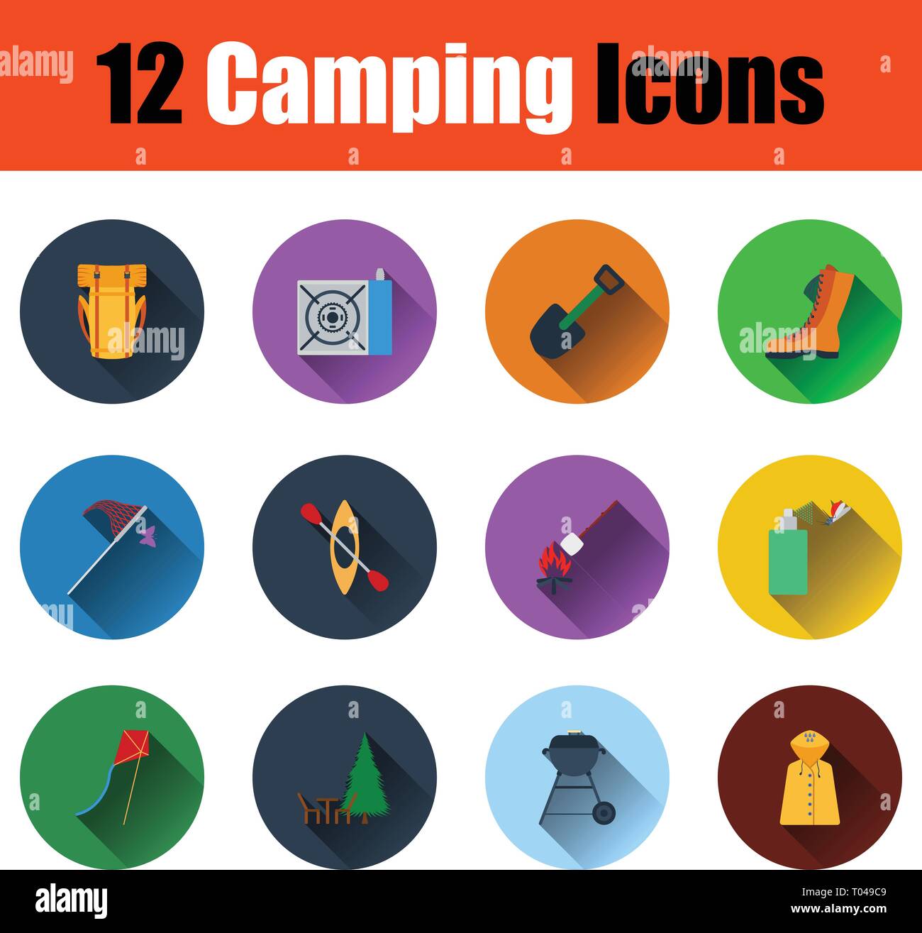 Camping Icon Set. Farbe flache Bauform mit Schatten. Vector Illustration. Stock Vektor