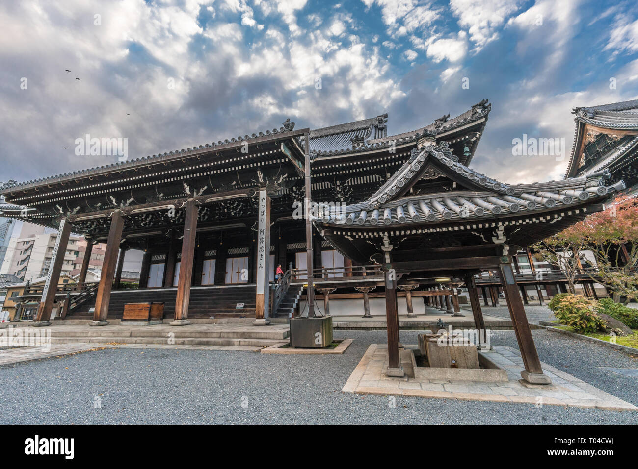 Kyoto, Japan - 11 November, 2017: Chozuya oder Temizuya wasser Waschung Pavillon und Goei-do Hall von Kosho-ji Tempel, Jodo-Shinshu Sekte Buddhismus Tempel Stockfoto