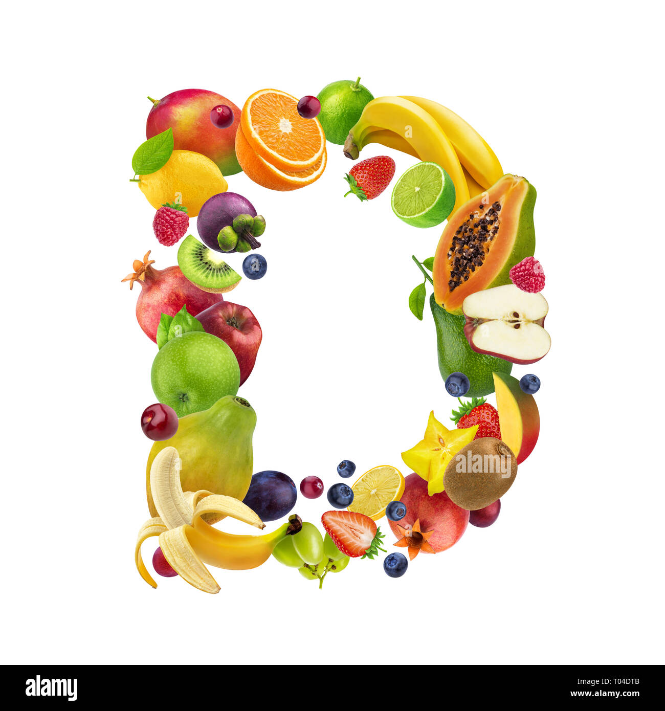 Buchstabe D aus verschiedenen Früchten und Beeren, Obst Schrift auf weißem Hintergrund , Alphabet Stockfoto