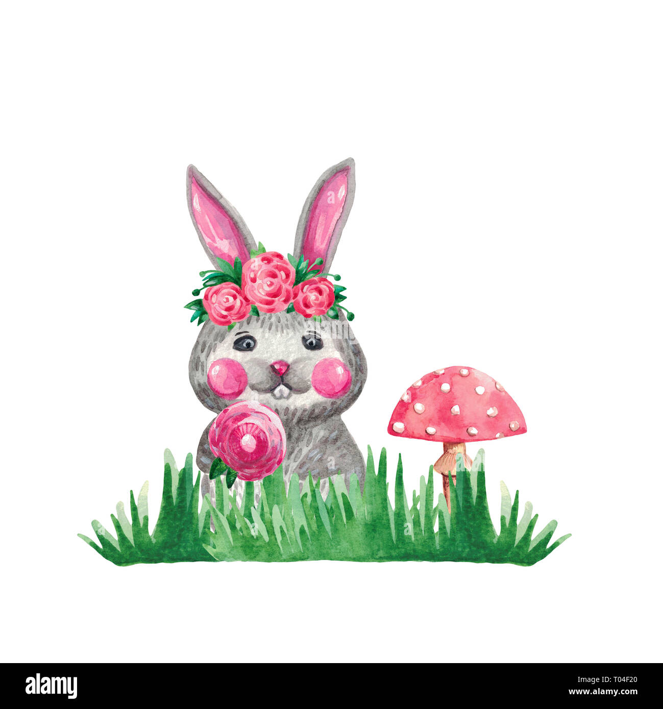 Watercolor Illustration eines niedlichen Kaninchen mit Blumen im grünen Gras Pilz isoliert auf weißem Hintergrund. Hand Zeichnung der Wald Tier für Poster c Stockfoto