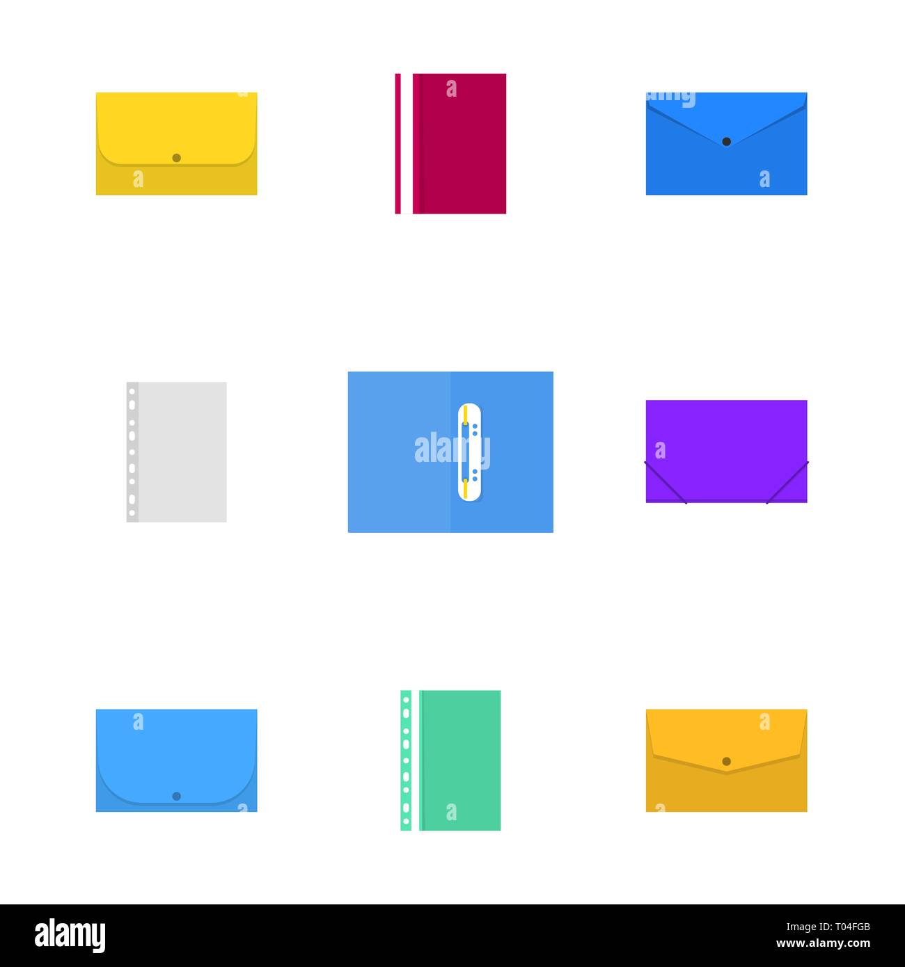 Flache office Icons, von verschiedenen Kunststoff- Ordner. Auf weißem Hintergrund, Vector Illustration. Stock Vektor