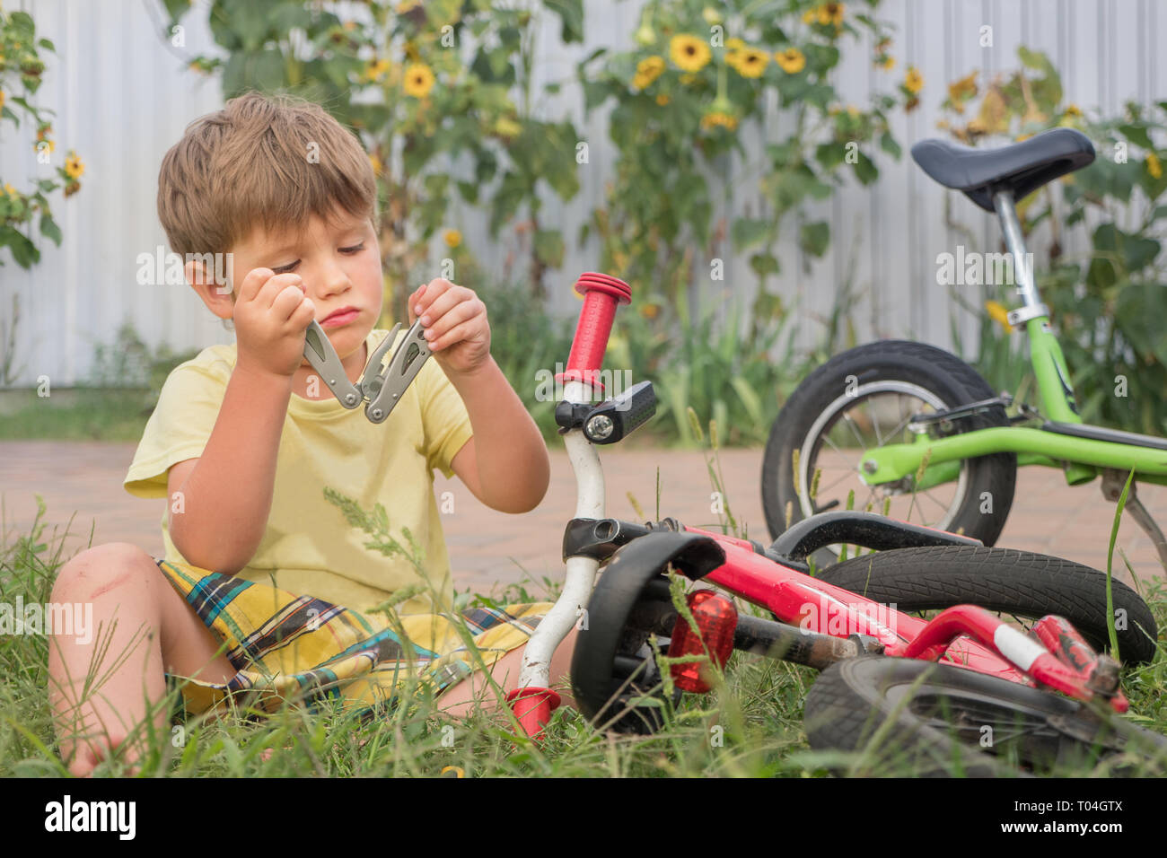 Junge Festsetzung Fahrrad. Vorne, Hinterhof Hintergrund. Transport und Kinder. Zyklus auf dem Gras. Glückliche Kindheit Konzept. Junge draußen spielt. Sommer Holi Stockfoto