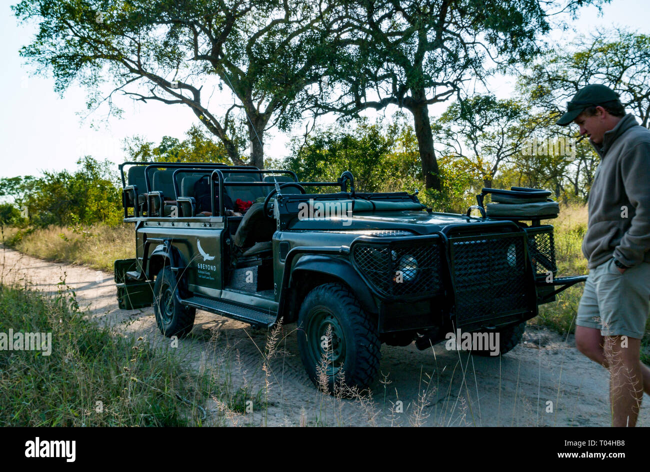 Guide und & Beyond Land Rover Defender safari Fahrzeug, Sabi Sands Game reserive, afrikanischen Busch, Südafrika Stockfoto
