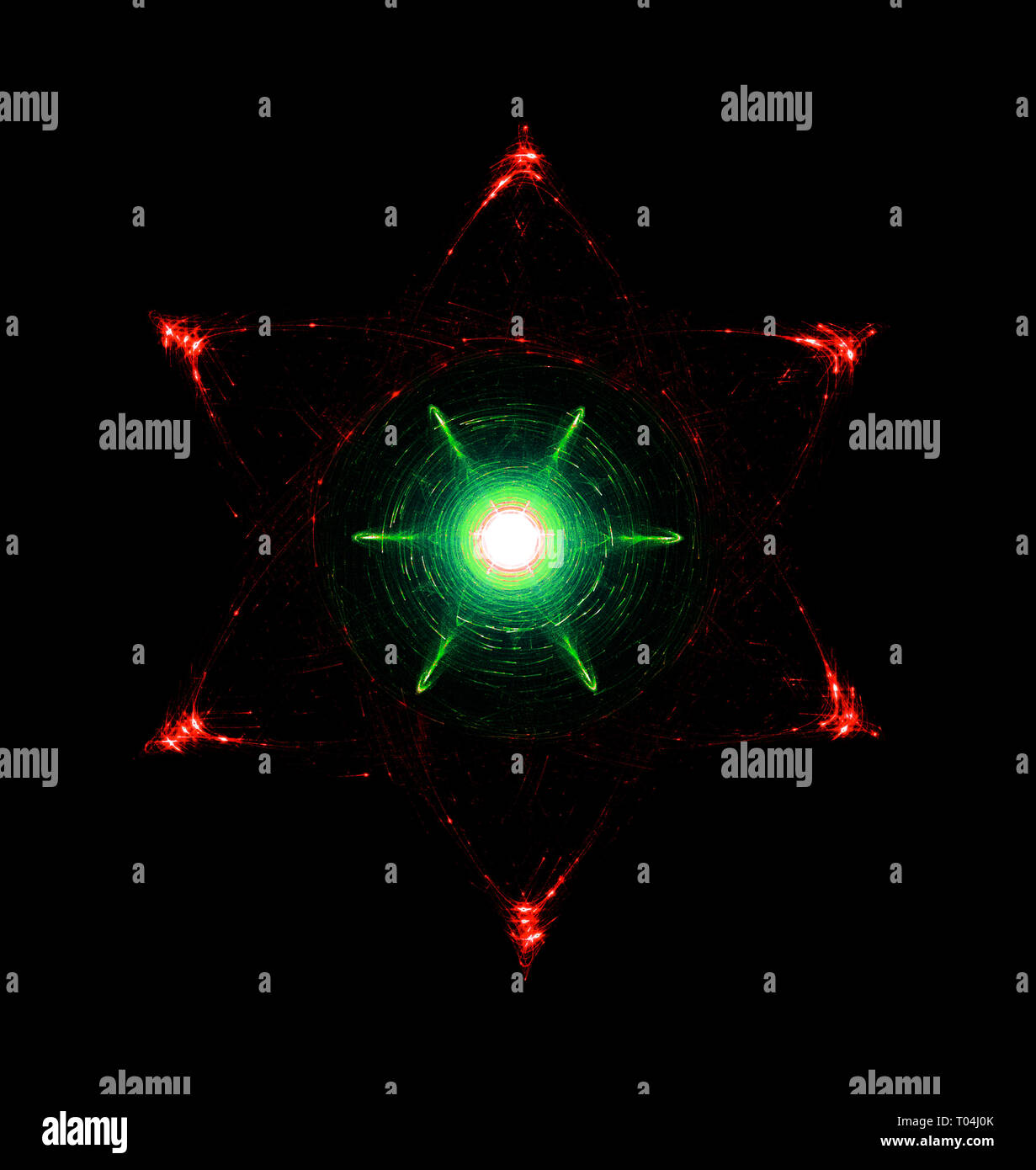 Lichtstrahlen bewegen um glühende Hexagramm. Esoterica, heilige Geometrie und Hermetik Stockfoto