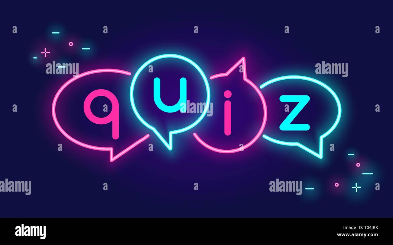 Quiz Sprechblasen Banner für soziale Netzwerke im Neonlicht Stil auf dunklem Hintergrund. Helle neon Vector Illustration für live Spiel zeigen und Frage Stock Vektor