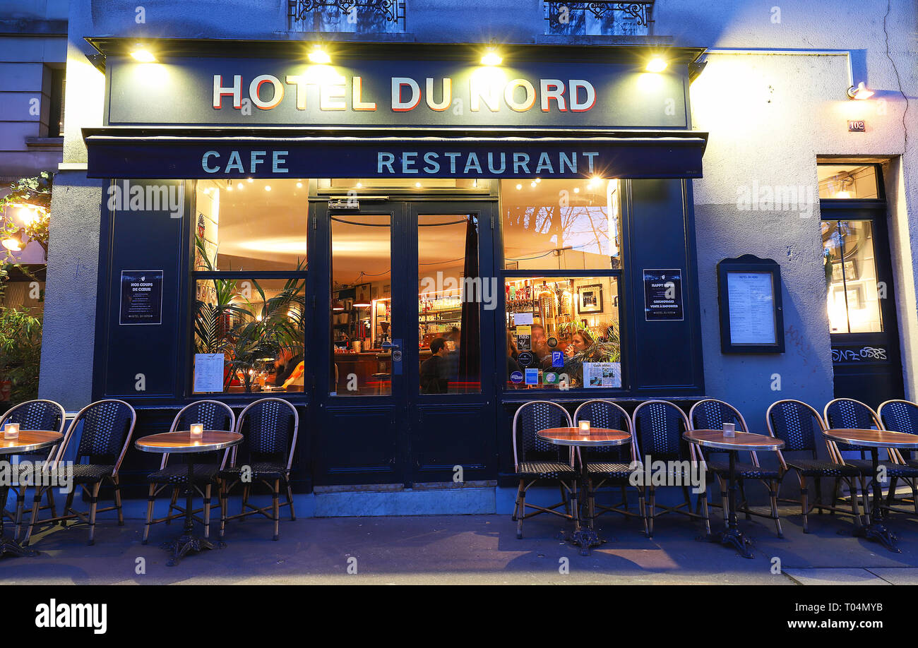 Das Restaurant Hotel du Nord an den Ufern des Canal Saint-Martin in Paris war die Einstellung einer berühmten Buch und 1938 Film von Marcel Carne. Stockfoto