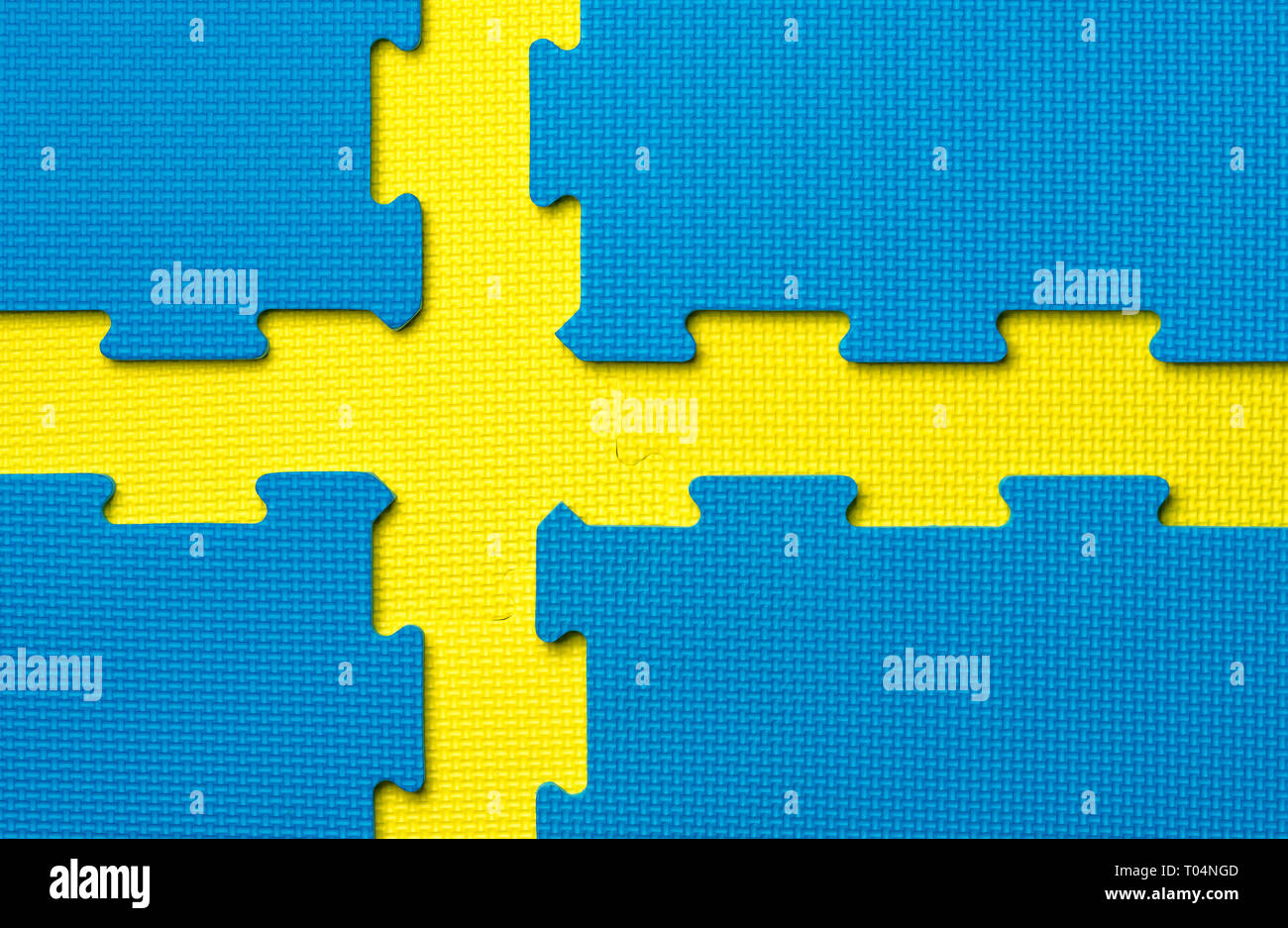 Schaumstoff Gelb und Blau fitnessraum Bodenfliesen in der Form der schwedischen Flagge. Mögliche Verwendung als Hintergrund mit Kopie Raum oder in Schweden. Stockfoto