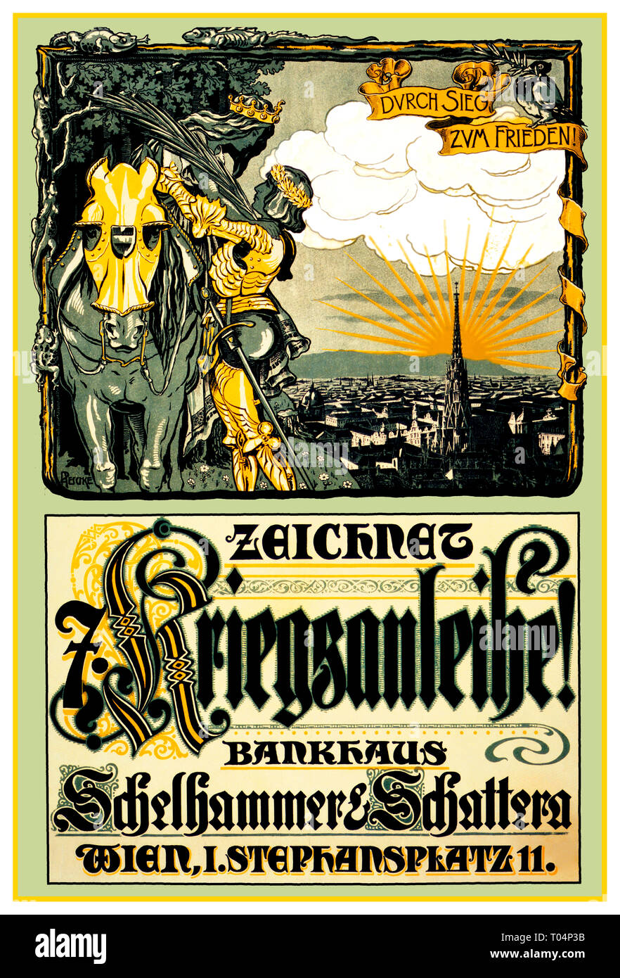 WW1 1917 Deutsche Propaganda Appell Krieg Darlehen Poster, gerahmte Bild einer mittelalterlichen Ritter mit einem Lorbeerkranz auf dem Kopf bis eine Frau eine Krone trägt auf einem Pferd sitzt, um zu helfen. Im Hintergrund, Wien mit dem Stephansdom und dem Slogan 'Durch Sieg zum Frieden "Frieden durch Sieg" Text: Abonnieren Sie den Krieg Darlehen, Bankhouse Schelhammer&Schattern. Vom 1917 Weltkrieg 1. Stockfoto