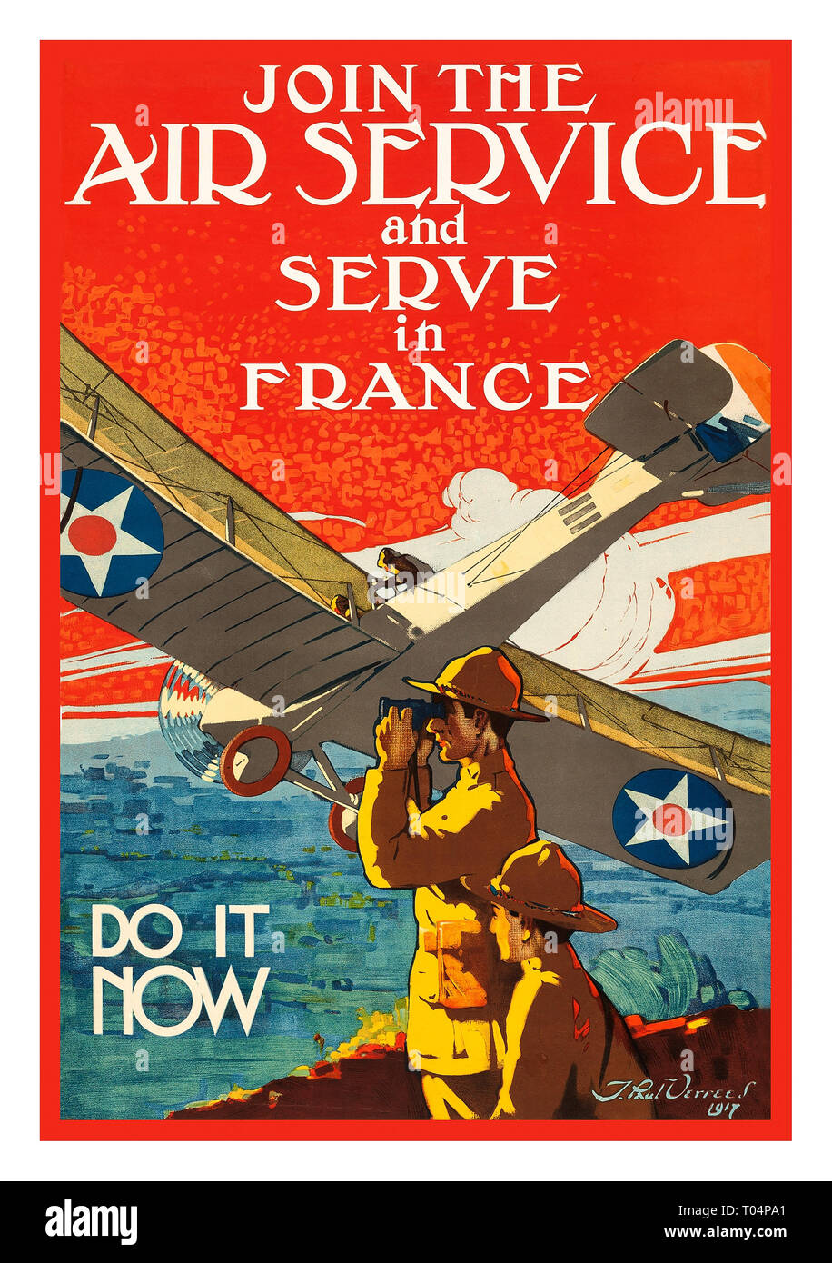 WWI MELDEN SIE DIE AIR SERVICE UND DIENEN IN FRANKREICH durch Verrees 1917 Zu Beginn des Großen Krieges, das Flugzeug erst zehn Jahre alt war, und dem US-Militär auf Platz 16 in der Welt, gleich hinter Portugal. Juli 1917, General John J. Pershing beantragt eine Kraft von einer Million Menschen. Zu potenziellen Rekruten Appell, eine Werbekampagne wurde im Ausschuss für öffentliche Informationen gestaltete, Recruiting Poster durch einige der besten Illustratoren. Themen der Ehre, Patriotismus, Abenteuer, Bildung, und Heldentum themed diese Einstellung Call-to-Action Poster. Stockfoto