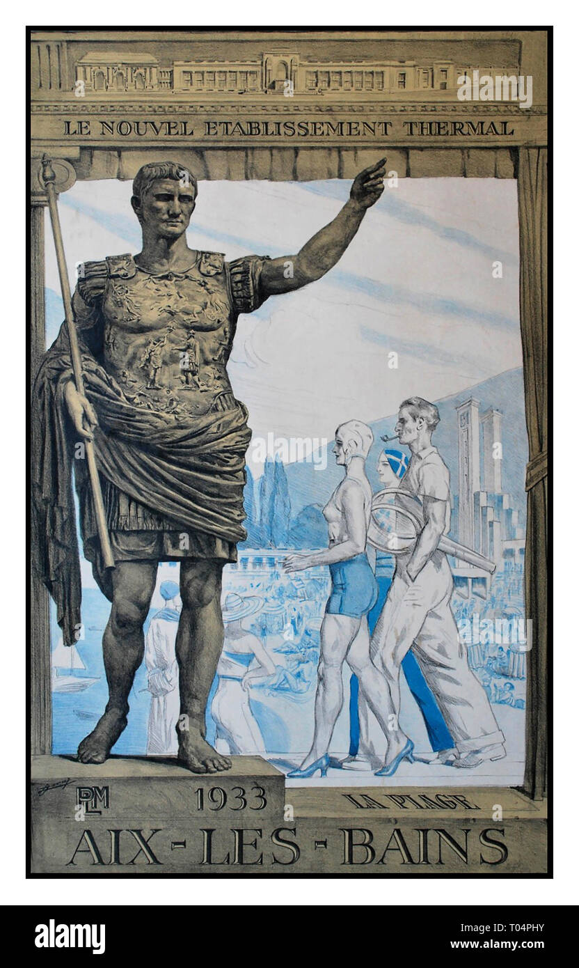 30er Vintage Französisch Travel Poster von LUCIEN JONAS. AIX-LES-BAINS PLM. 1933. Jonas Lucien Aix-les-Bains. Le nouvel Etablissement thermal. Jahr 1933 Farblithographie Drucker H. Chachoin, Paris, Frankreich Stockfoto