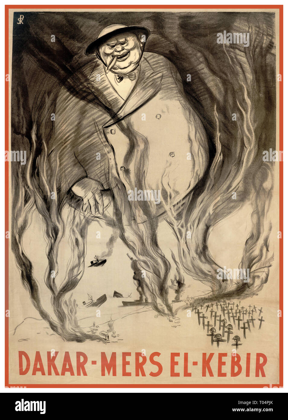 DAKAR Mers el-Kebir Vintage WW2 Anti-British Propaganda Poster mit einem unangenehmen ghoulish cartoon Charakterisierung der britische Premierminister Winston Churchill. Die britische Angriff auf Dakar-Mers-el-Kébir das Churchill Großbritannien Kriegszeiten Leader kontrovers bestellt, wurde eine wesentliche Britische aktion Nazi-deutschland möglich, den Zugang zu französischen Naval Vermögenswerte zu stoppen und die Kräfte der 3. Juli 1940 Stockfoto