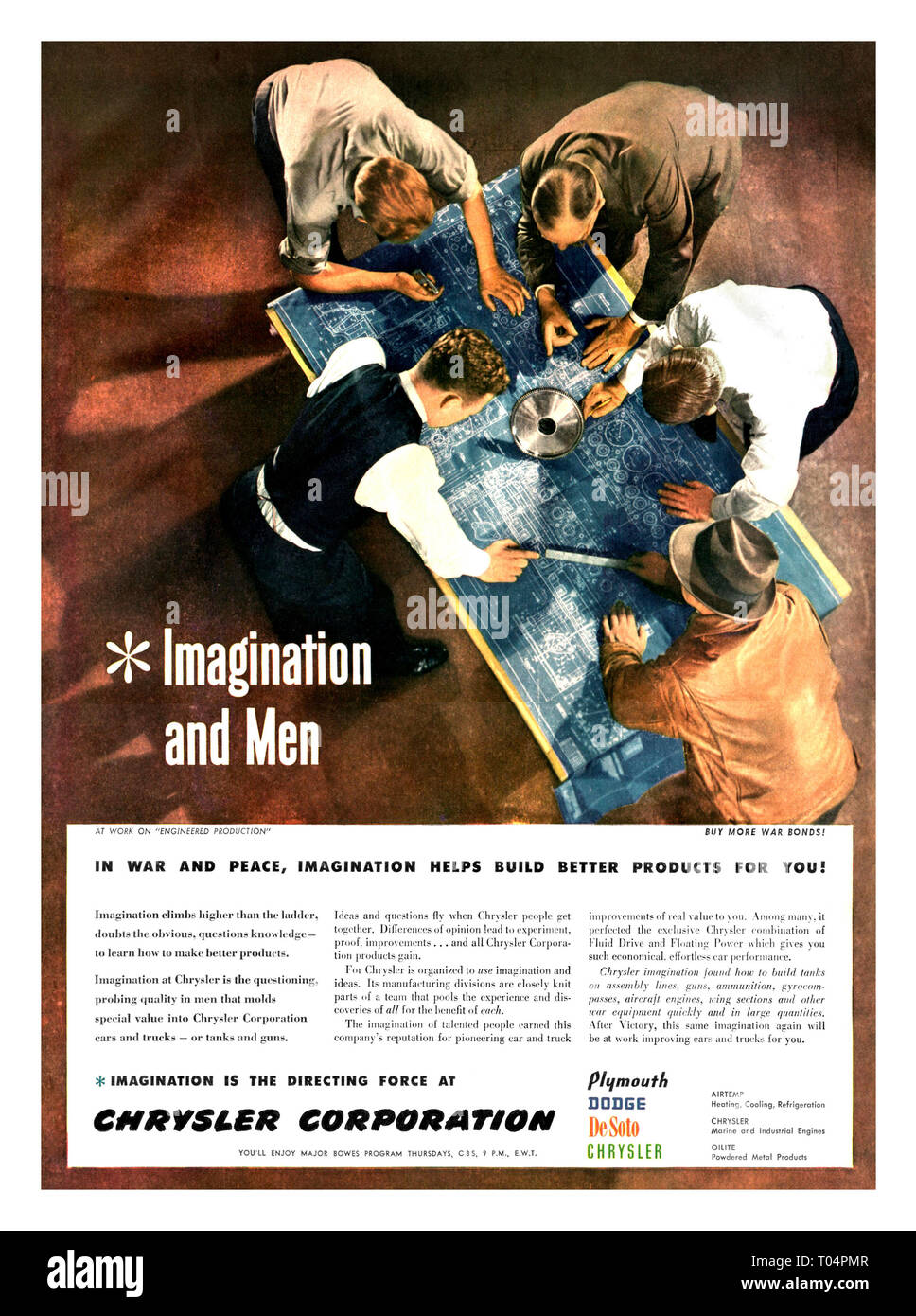 1940er Jahre Vintage "IMAGINATION AND MEN" Poster WW2 Chrysler Corporation American Industrial war Bemühung Motivation, mit Arbeitern studieren eine mechanische industrielle Blaupause Autos LKW Tanks Guns Propaganda Werbung "Imagination and Men" USA Stockfoto