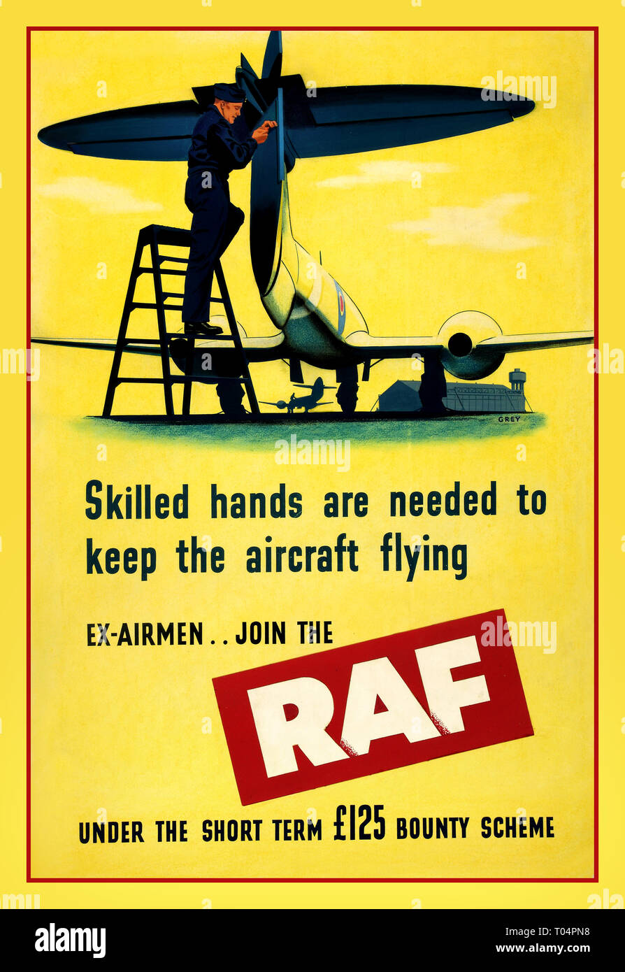 Vintage RAF WW2 Propagandaplakat Rekrutierung geschickten Hände sind notwendig, um die Flugzeuge zu halten. Ex-Flieger.. Melden Sie der RAF unter der kurzfristigen £ 125 bounty Regelung 1939-1946 Stockfoto