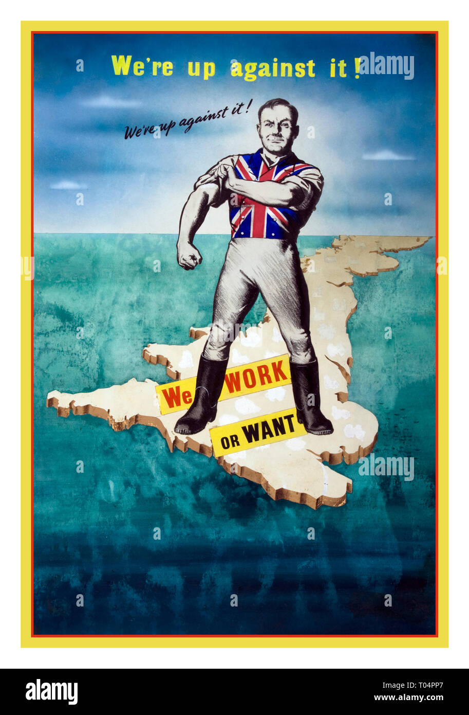 De WW Propaganda 2 1940 Rekrutierung Poster John Bull Charakter auf der Karte der Britischen Inseln rollt seine Ärmel "Wir sind gegen den Ständigen!" arbeiten möchten, oder 'Brexit retro Konzept Stockfoto