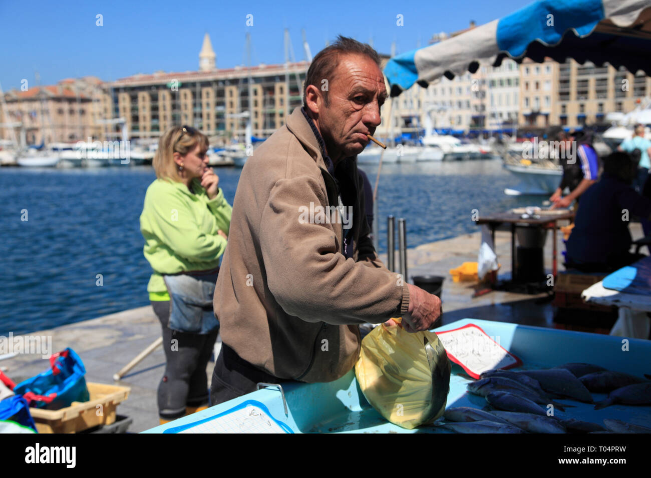 Fischmarkt, Vieux Port, der alte Hafen, Hafen, Marseille, Bouches du Rhone, Provence Alpes Cote d'Azur, Frankreich, Europa Stockfoto