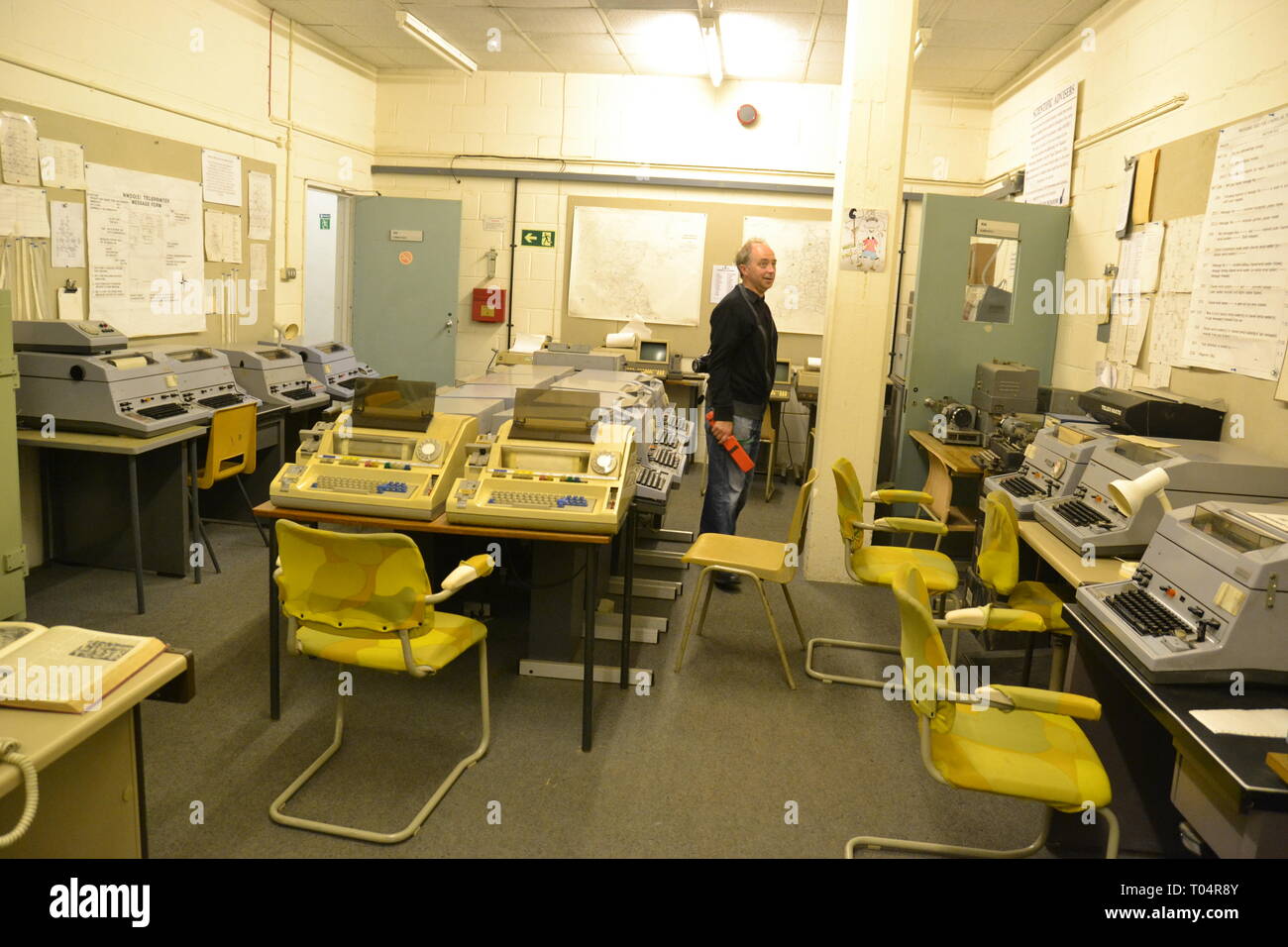 Kommunikation Zimmer im Kelvedon Hatch Secret Nuclear Bunker, Brentwood, Essex, Großbritannien Stockfoto