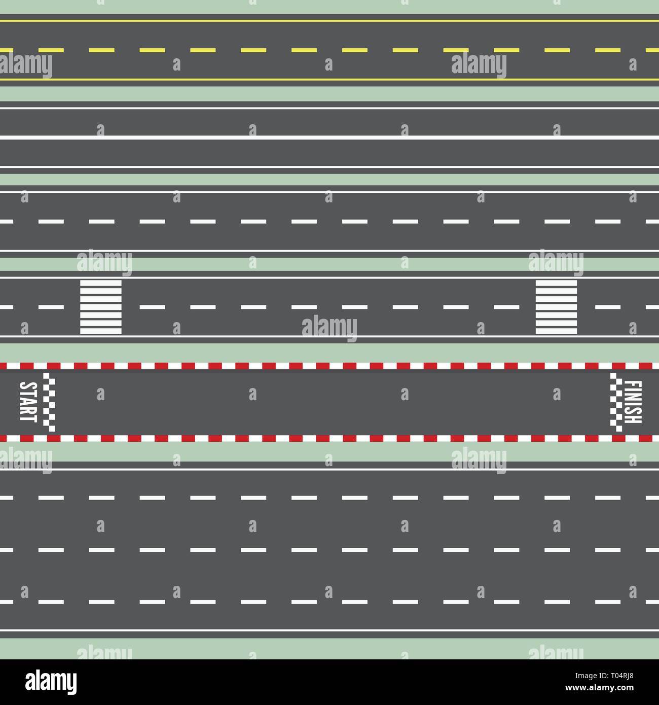 Satz von Straßenmarkierungen isoliert Hintergrund. Ansicht von oben. Gerade Autobahn Infografik Vorlagen. Stock Vektor