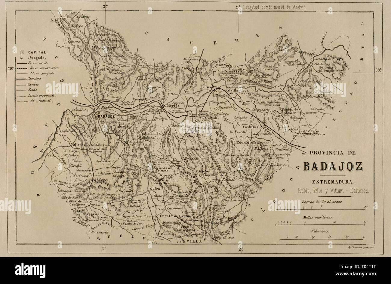 Karte der Provinz Badajoz. Extremadura, Spanien. Cronica de España, Historia y Ilustrada Descriptiva de Sus Provincias. Extremadura, 1870. Stockfoto