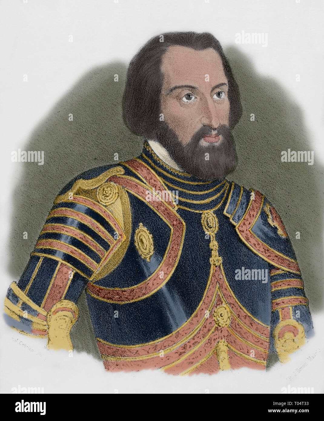 Hernan Cortes (1485-1547). Spanische Eroberer des Aztekenreiches. Die Lithographie. Später Färbung. Zeichnung von Jose Cebrian (1839-1904). Cronica de España, Historia y Ilustrada Descriptiva de Sus Provincias. Extremadura, 1870. Stockfoto