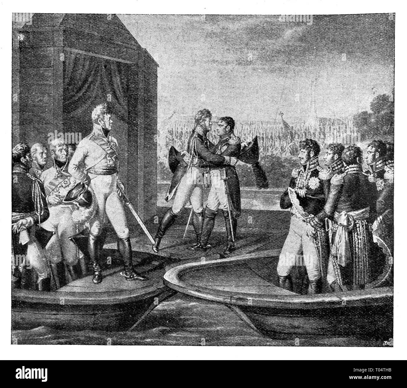 Die Sitzung der Napoleon mit Kaiser Alexander II. in Tilsit an der Memel am 25. Juni 1807. L. in Wolf/Nationalgalerie in Berlin. Digital verbesserte Reproduktion von Illustrierter Überblick über das Leben der Menschheit im 19. Jahrhundert, 1901 edition, Marx Verlag, St. Petersburg. Stockfoto