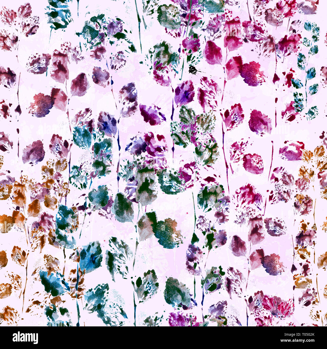 Natur nahtlose Muster Hintergrund. Abdrücke von Kräuter und Blätter. Abstrakte Blumen Aquarell Bild. Hand gezeichnet boho Hintergrund Stockfoto