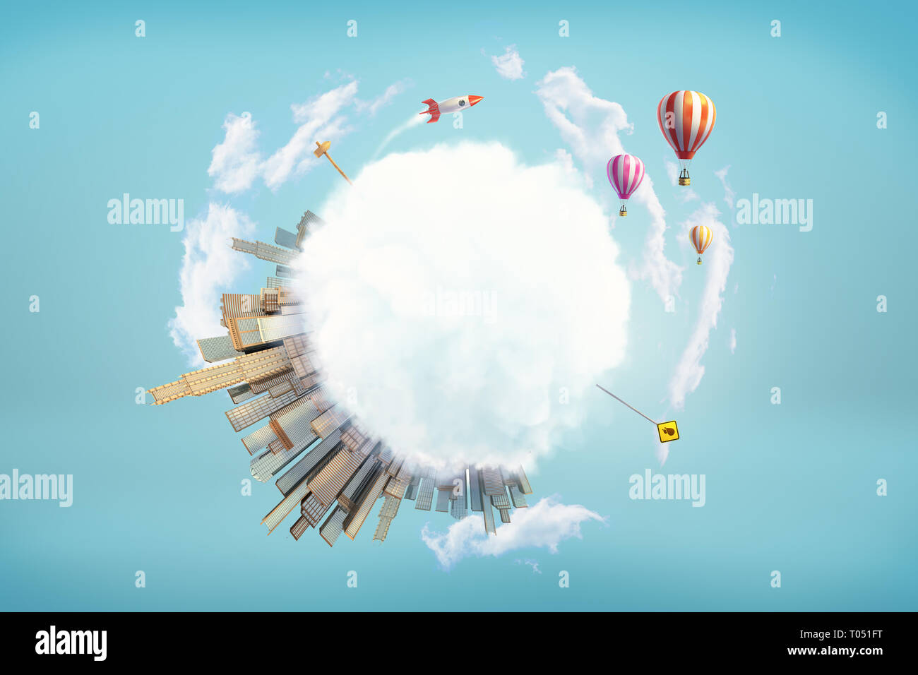 3D-Rendering von Cloud-Fallen Earth Globus mit großen modernen Stadt und Verkehrszeichen und Weltraumrakete und Heißluftballons in die Luft. Stockfoto