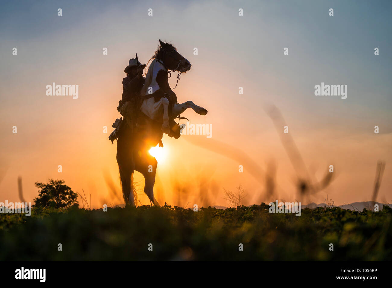 Silhouette cowboy Brand eine Pistole auf einem Pferd im Sonnenuntergang Stockfoto