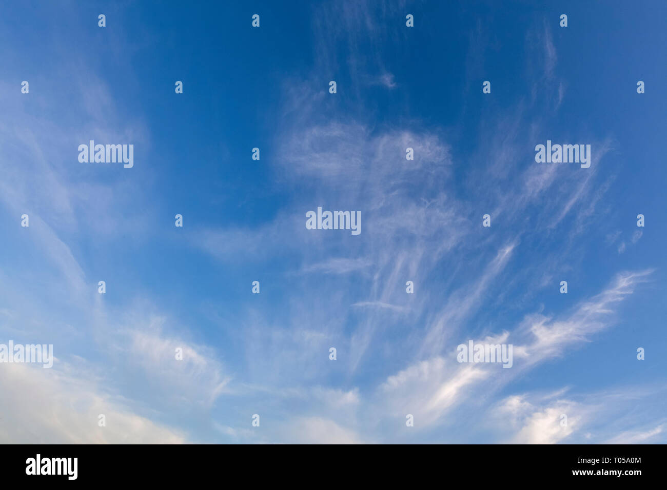 Wispy Weisse Wolken in einem klaren blauen Himmel Hintergrund. Cloudscape Sicht Stockfoto