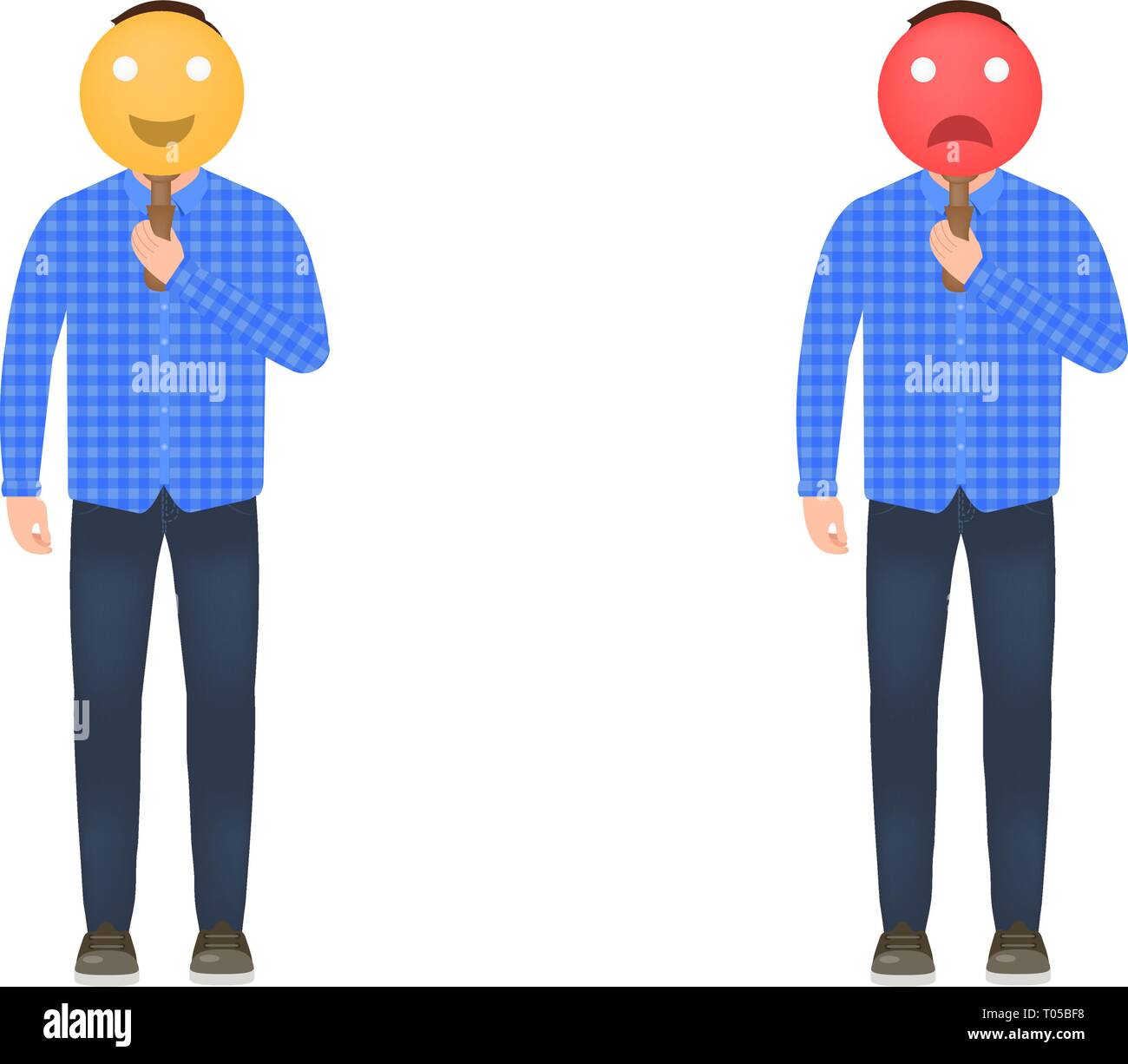 Ein Mann hält eine Maske mit einem fröhlichen und traurigen Gesicht, die Stimmung von einem Mann, ein Mann in einem Plaid Shirt, Jeans und Turnschuhe, ein Charakter in einem Cartoon Stil Stock Vektor