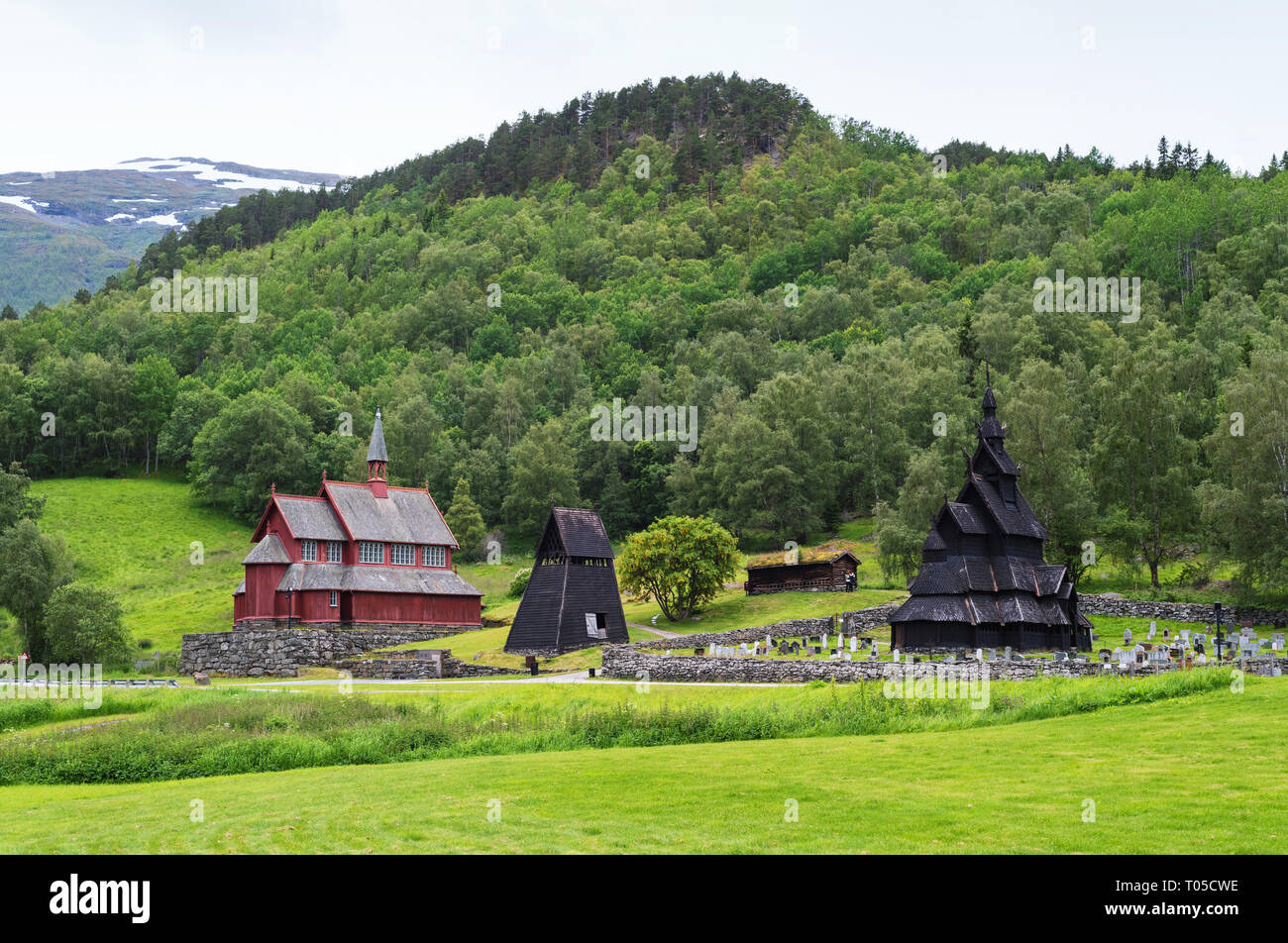 Borgund Stabkirche - älteste erhaltene Holzbauten. Ein Memo des Holz- Architektur von Norwegen Stockfoto