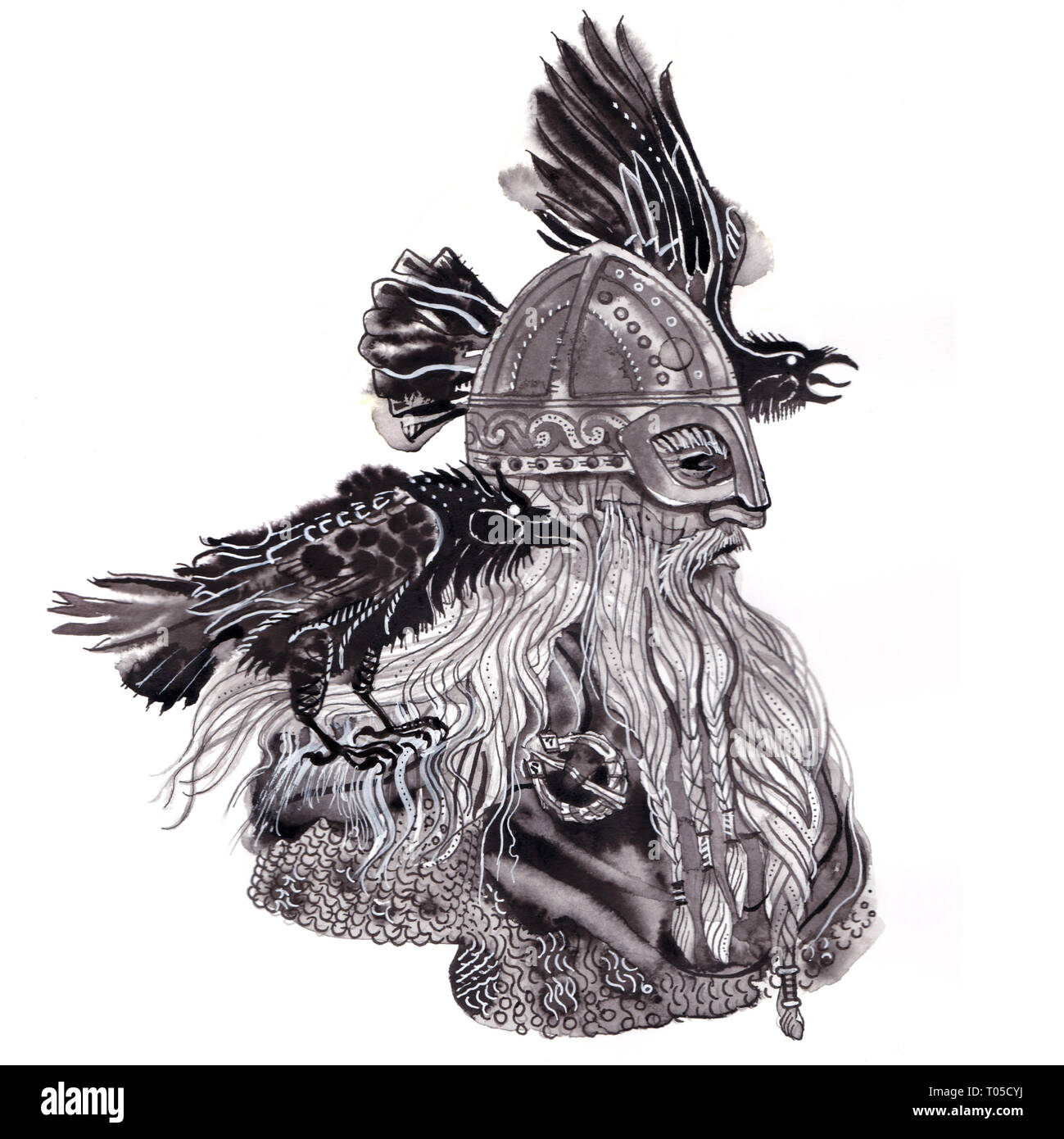 Portrait von Skandinavischen Gott Odin in Wikinger Helm mit zwei Raben. Sketchy ausdrucksstarken künstlerischen Stil Hand gezeichnet Tusche und Pinsel Abbildung. Skandinavier Stockfoto