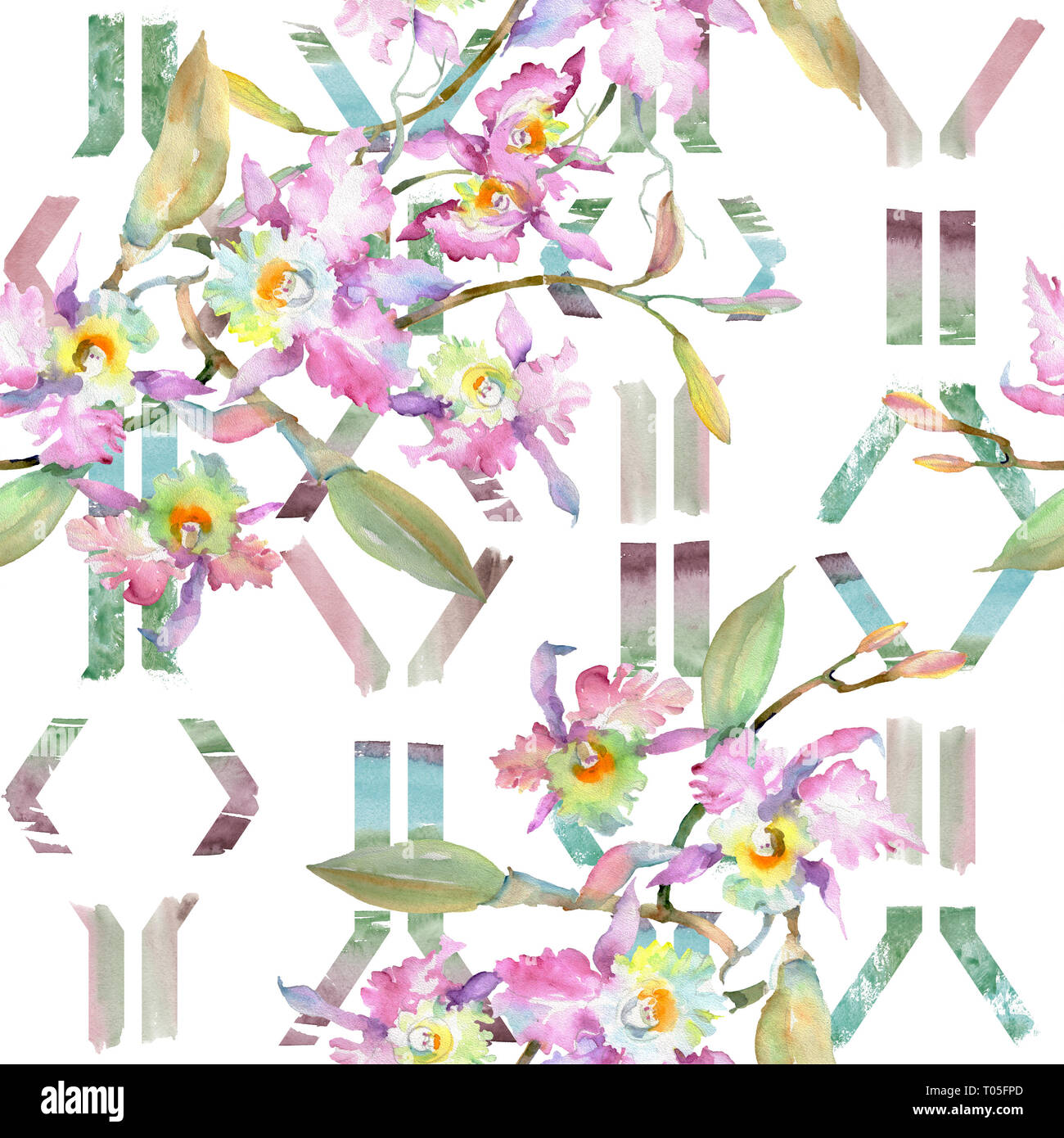 Blumenstrauß aus rosa Orchidee. Florale botanischen Blumen. Aquarell Hintergrund Abbildung. Nahtlose Muster. Stockfoto