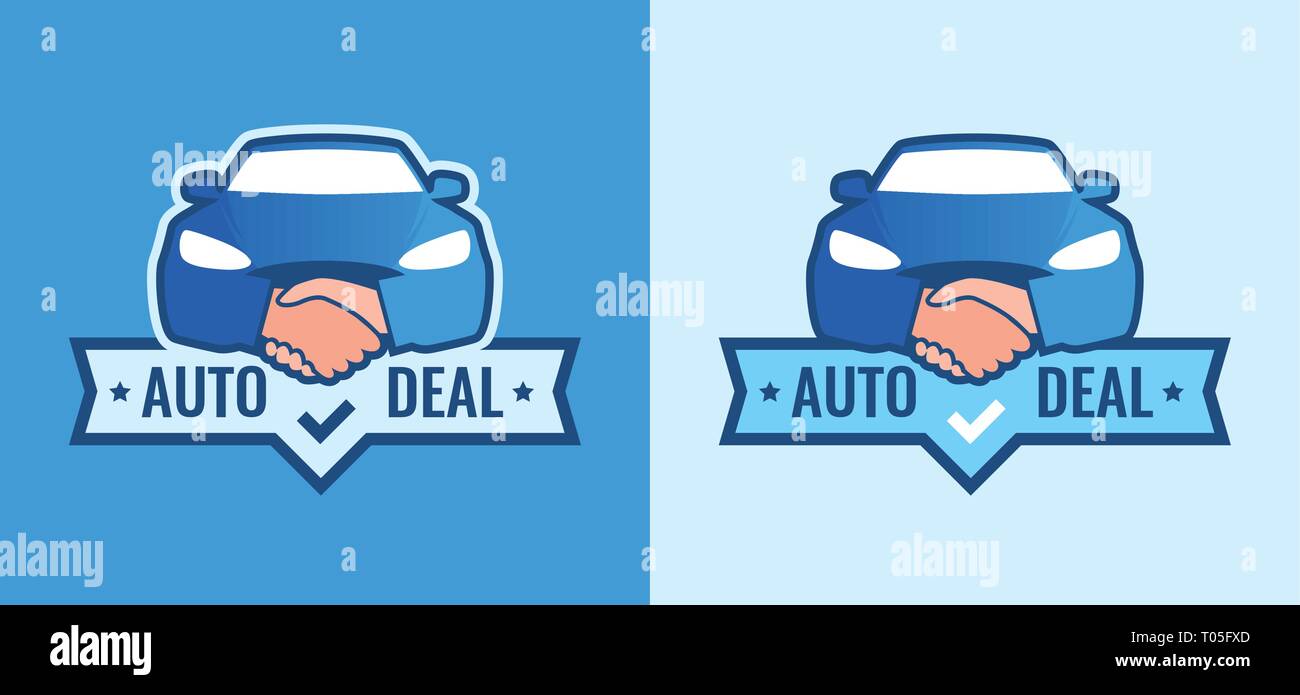 Auto - Logo für Auto Dealership. Vorderansicht des Auto mit Handschlag - Kreative Emblem Stock Vektor