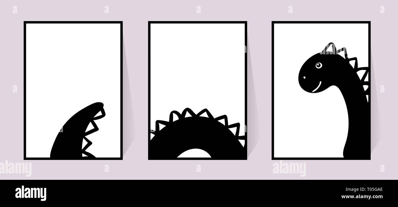 Schwarzweiß-Poster mit niedlicher Dinosaurier. Vektor einrichten Einrichtung für Wände. Schwarze und weiße Zeichnung im skandinavischen Stil. Abbildung: auf weißem Hintergrund Stock Vektor