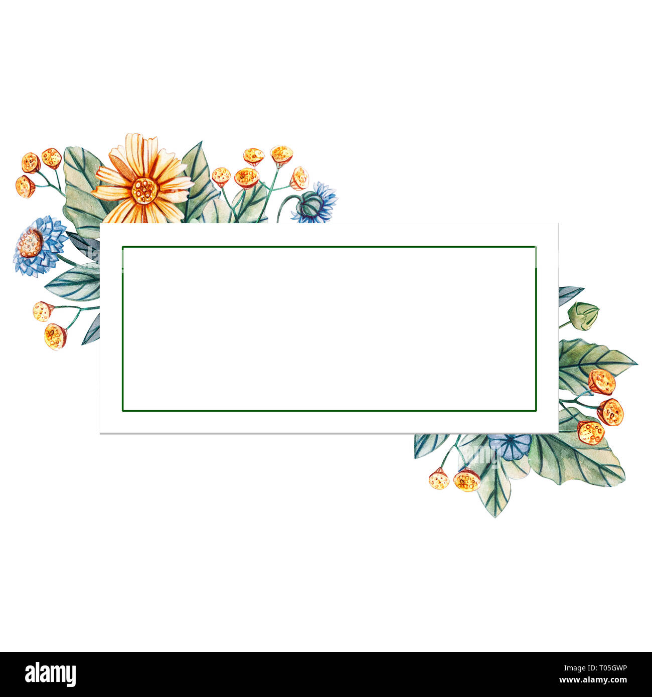 Florale quadratischen Rahmen von Aquarell Wildblumen. Es ist ein Platz für Text. Blumen auf weißem Hintergrund. Stockfoto
