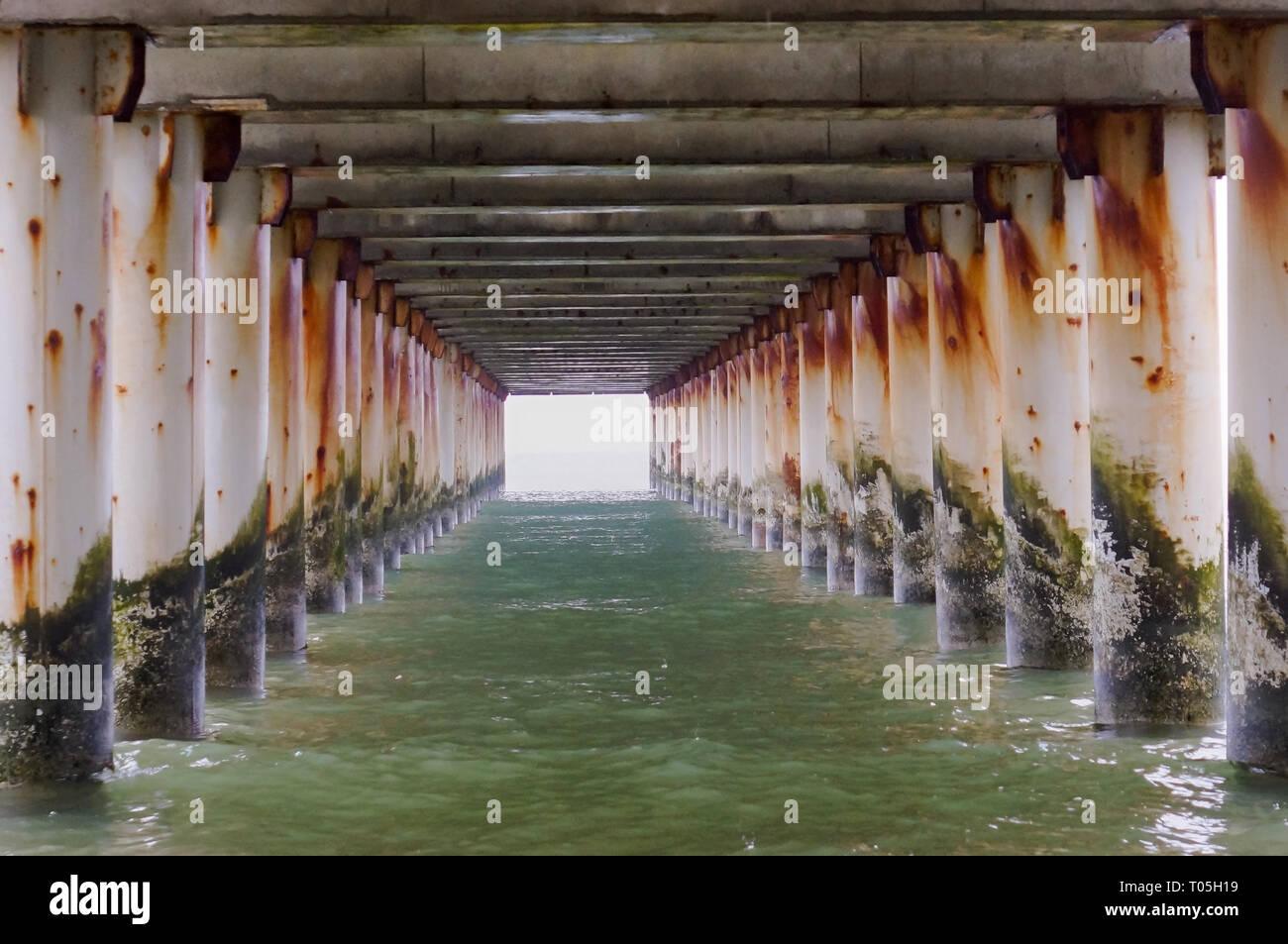 Pfeiler im Wasser, Stahlbetonstützen der Strandpromenade Stockfoto